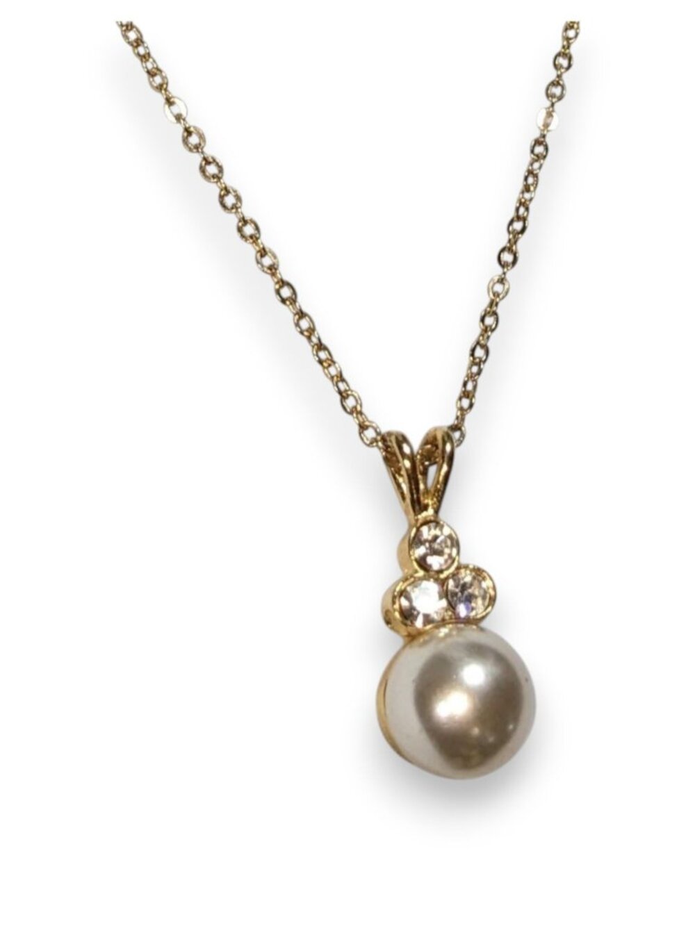 Romantic Bridal Faux Pearl Gold Tone Rhinestone Pendant Necklace 17 Inch